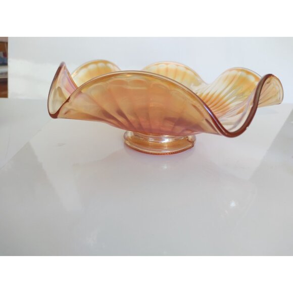 Vintage Marigold Ribbed and Ruffled  Iridescent Carnival Glass 9 1/4-Inch Bowl - Picture 9 of 11